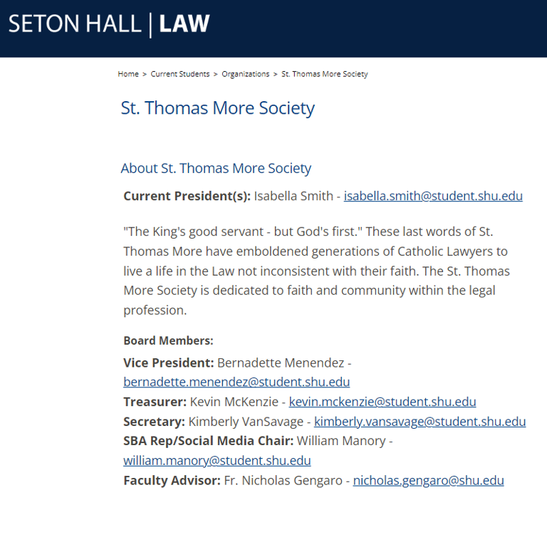 Seton Hall Law St. Thomas More Society - Catholic organization in Newark NJ